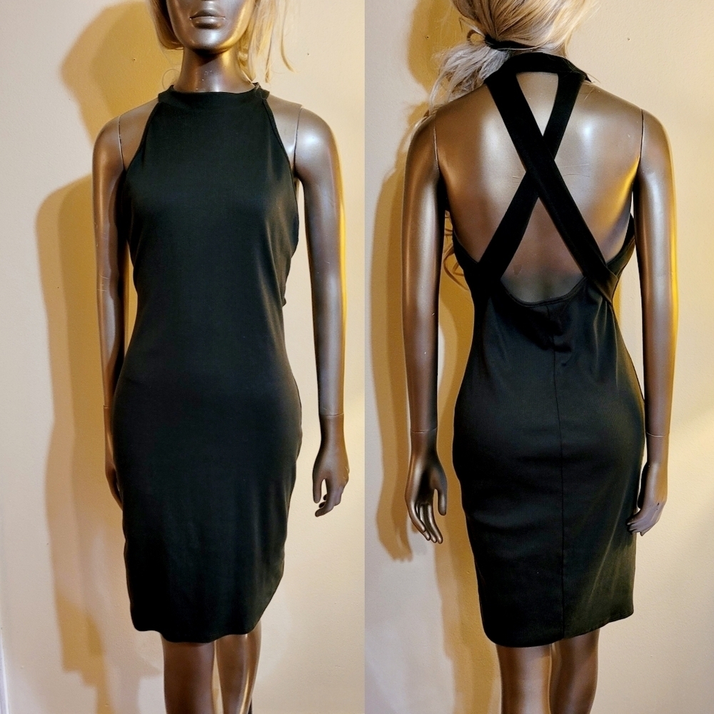 OLIVE RIBBED HIGH NECK CRISSCROSS MINI DRESS